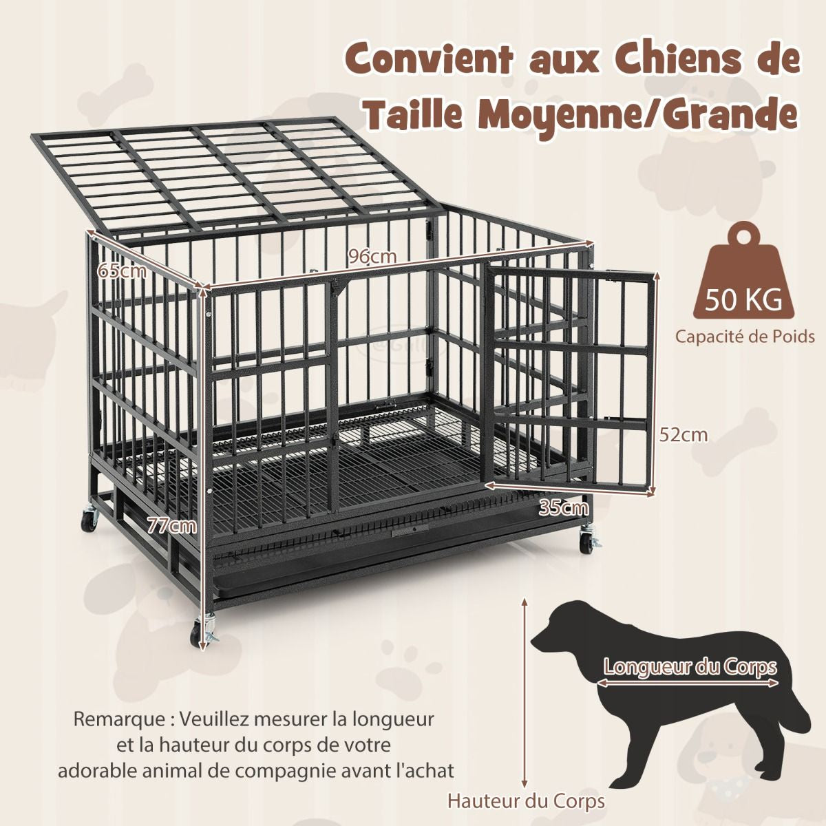 Cage Pour Chien De Grande Et Moyenne Taille De 96 Cm En Métal Pliable Roulettes Et 2 Portes Verrouillables Plateau Amovible Caisse Noir