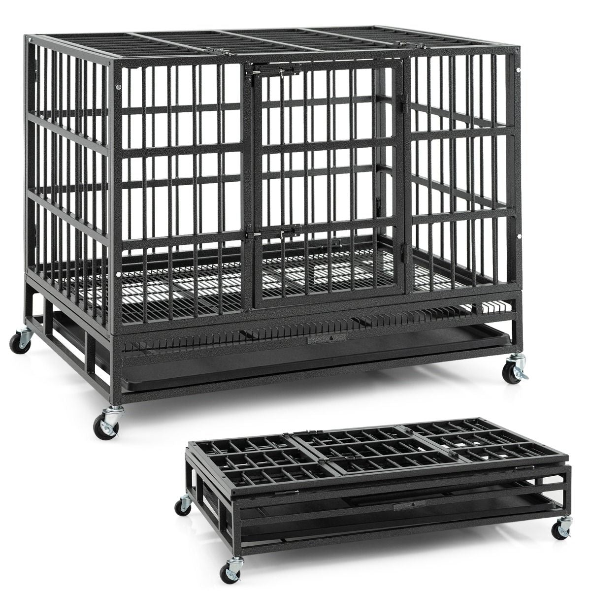 Cage Pour Chien De Grande Et Moyenne Taille De 96 Cm En Métal Pliable Roulettes Et 2 Portes Verrouillables Plateau Amovible Caisse Noir