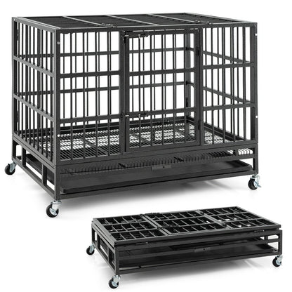 Cage Pour Chien De Grande Et Moyenne Taille De 96 Cm En Métal Pliable Roulettes Et 2 Portes Verrouillables Plateau Amovible Caisse Noir