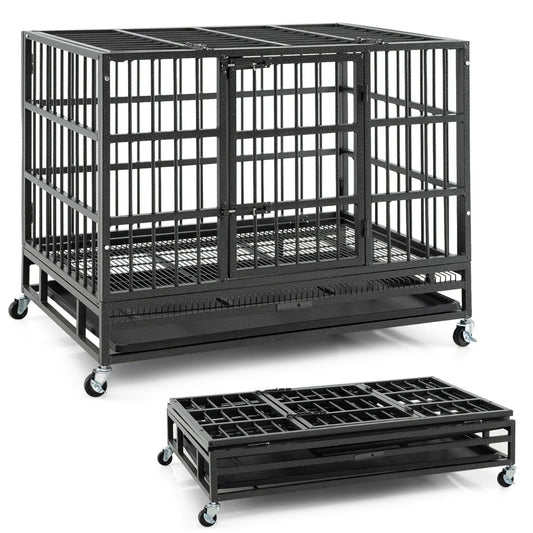 Cage Pour Chien De Grande Et Moyenne Taille De 96 Cm En Métal Pliable Roulettes Et 2 Portes Verrouillables Plateau Amovible Caisse Noir