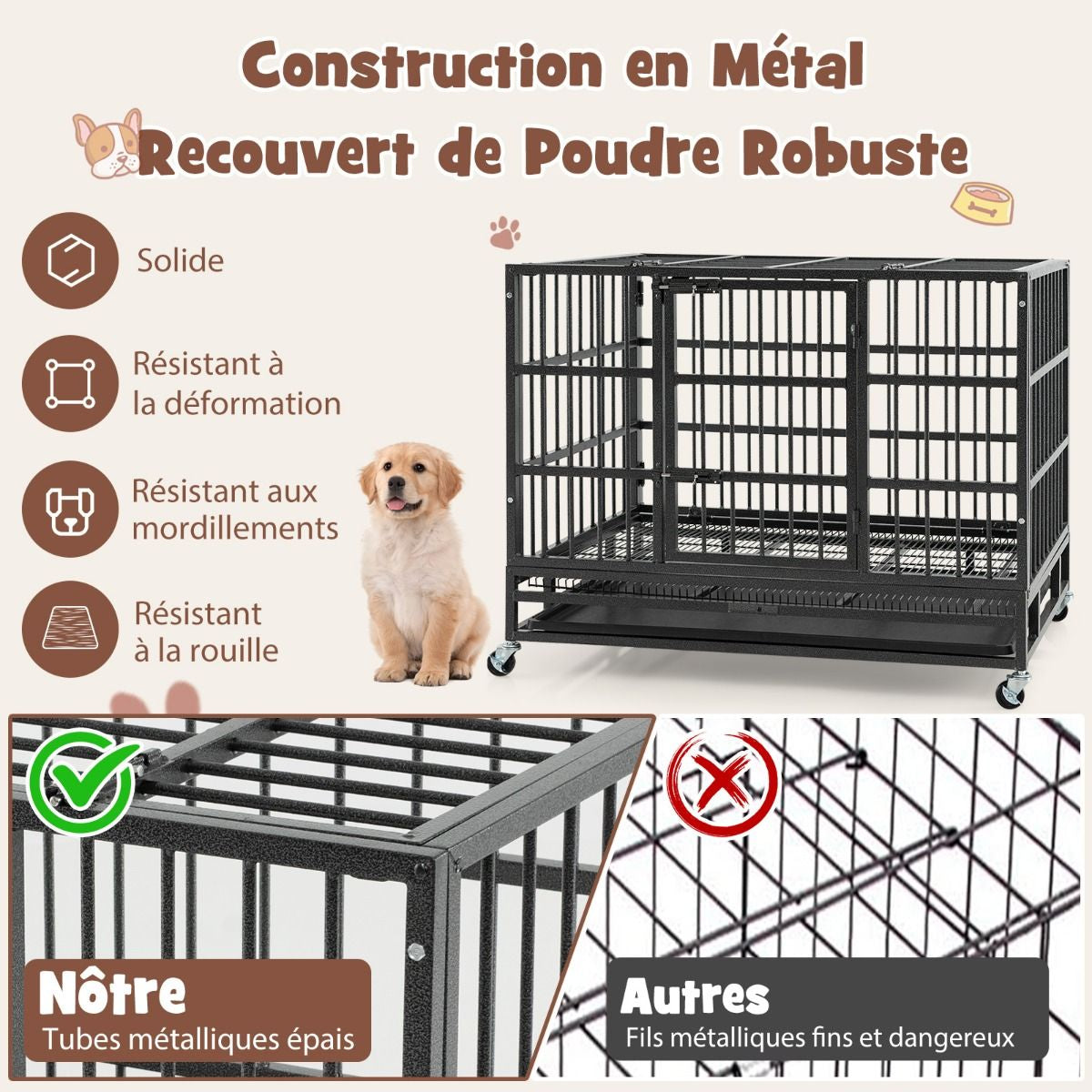 Cage Pour Chien De Grande Et Moyenne Taille De 96 Cm En Métal Pliable Roulettes Et 2 Portes Verrouillables Plateau Amovible Caisse Noir