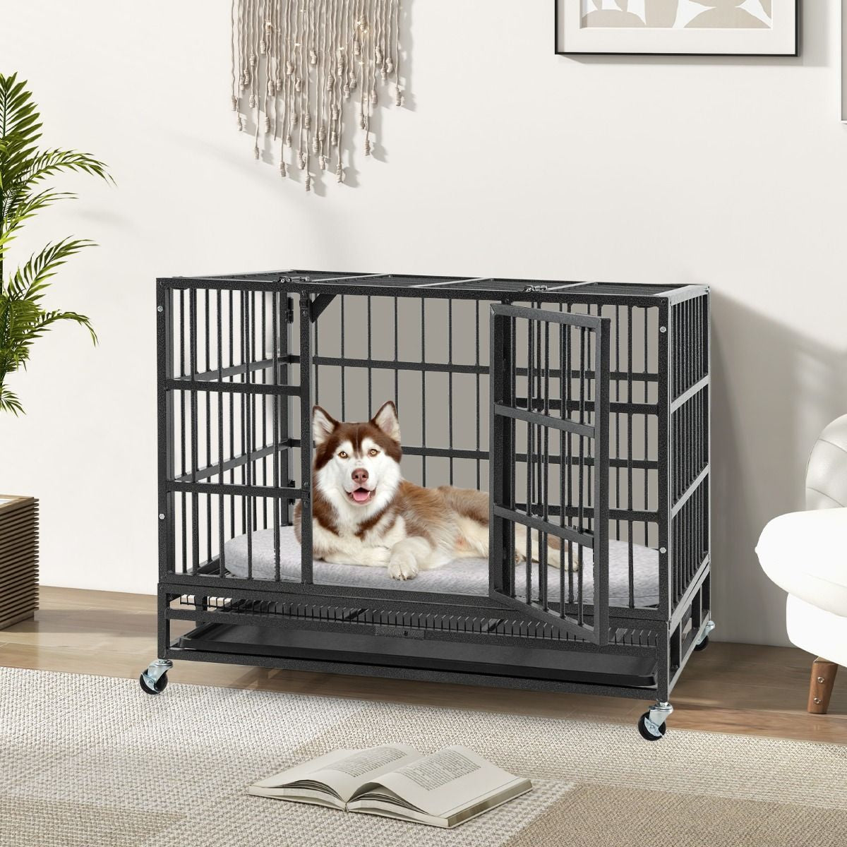Cage Pour Chien De Grande Et Moyenne Taille De 96 Cm En Métal Pliable Roulettes Et 2 Portes Verrouillables Plateau Amovible Caisse Noir