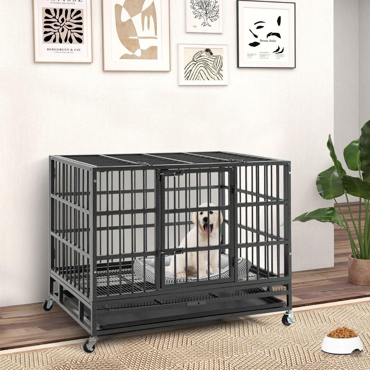 Cage Pour Chien De Grande Et Moyenne Taille De 96 Cm En Métal Pliable Roulettes Et 2 Portes Verrouillables Plateau Amovible Caisse Noir