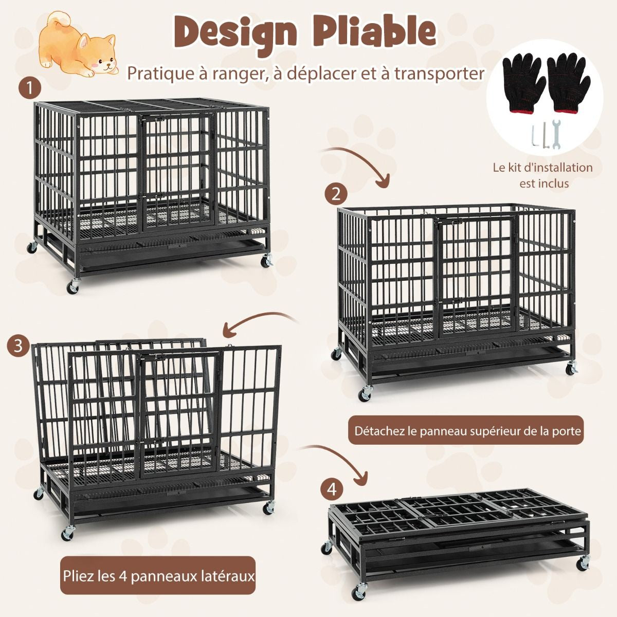 Cage Pour Chien De Grande Et Moyenne Taille De 96 Cm En Métal Pliable Roulettes Et 2 Portes Verrouillables Plateau Amovible Caisse Noir