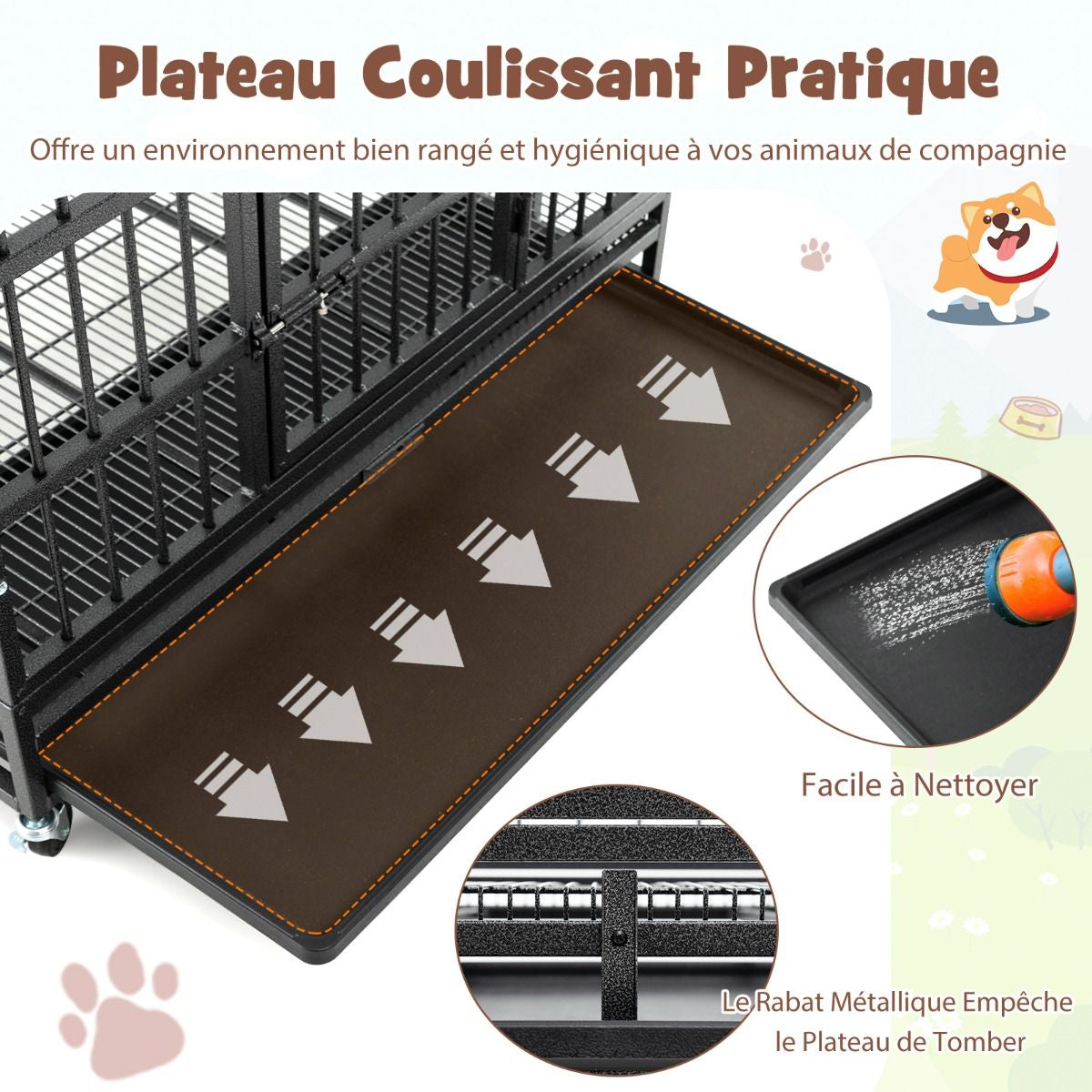 Cage Pour Chien De Grande Et Moyenne Taille De 96 Cm En Métal Pliable Roulettes Et 2 Portes Verrouillables Plateau Amovible Caisse Noir