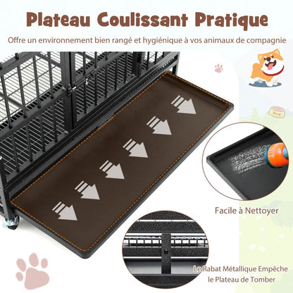 Cage Pour Chien De Grande Et Moyenne Taille De 96 Cm En Métal Pliable Roulettes Et 2 Portes Verrouillables Plateau Amovible Caisse Noir