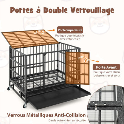 Cage Pour Chien De Grande Et Moyenne Taille De 96 Cm En Métal Pliable Roulettes Et 2 Portes Verrouillables Plateau Amovible Caisse Noir